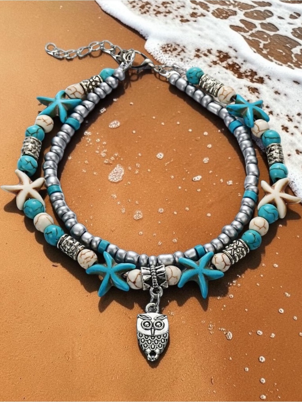 🐚Turquoise Starfish Beaded Adjustable Anklet with Silver Owl Charm/NIP🐚